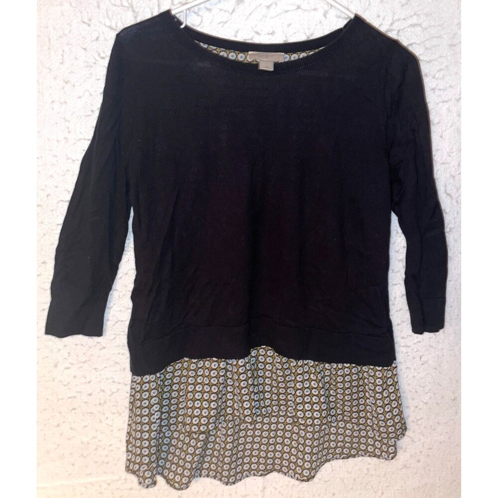 Loft Sweater Womens XS Black Tunic Knit Ruffle Hem 3/4 Sleeve Pullover New